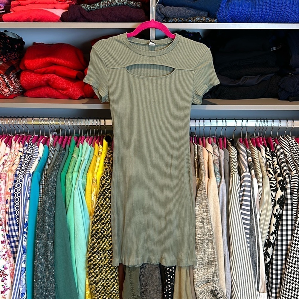 Only Hearts olive ribbed short sleeve bodycon dress size L (fits like a S)